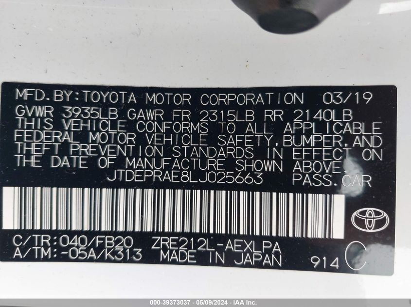 2020 Toyota Corolla Le VIN: JTDEPRAE8LJ025663 Lot: 39373037