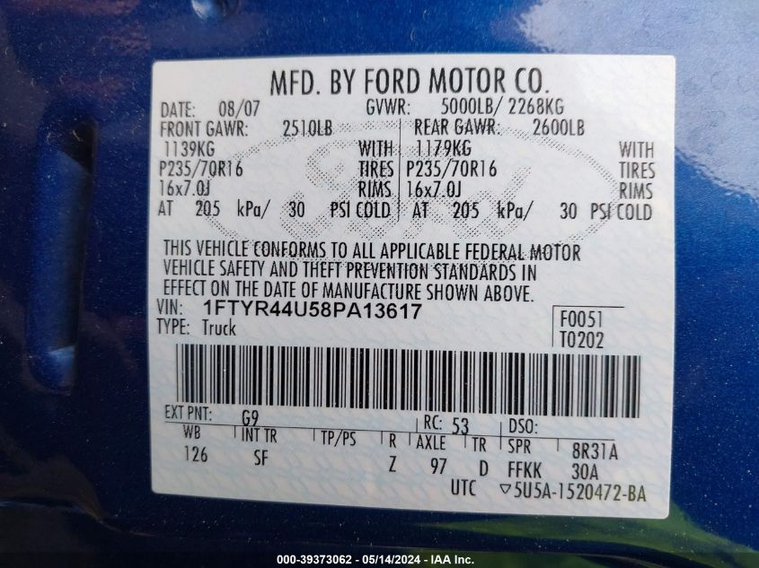 2008 Ford Ranger Sport/Xlt VIN: 1FTYR44U58PA13617 Lot: 39373062