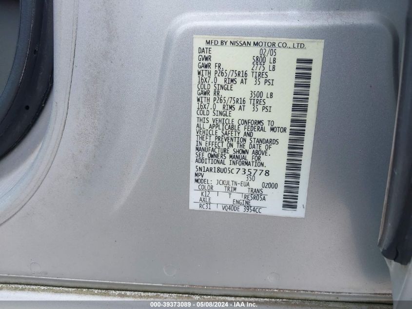 2005 Nissan Pathfinder Se Off-Road VIN: 5N1AR18UO5C735778 Lot: 39373089