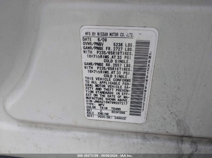 2009 Nissan Murano Sl VIN: JN8AZ18W79W207217 Lot: 39373109