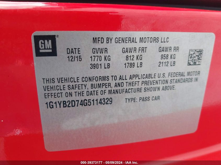 2016 Chevrolet Corvette Stingray VIN: 1G1YB2D74G5114329 Lot: 39373177