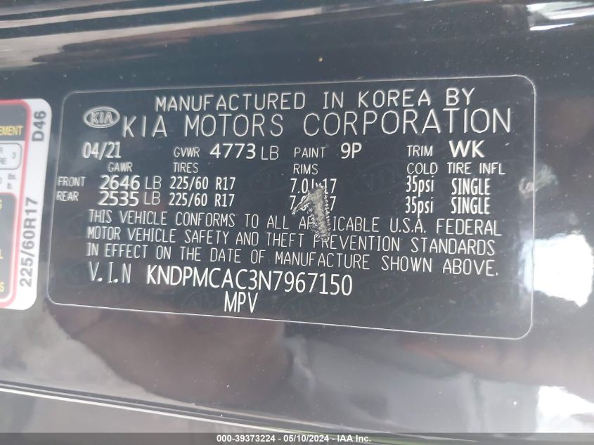 2022 Kia Sportage Lx VIN: KNDPMCAC3N7967150 Lot: 39373224