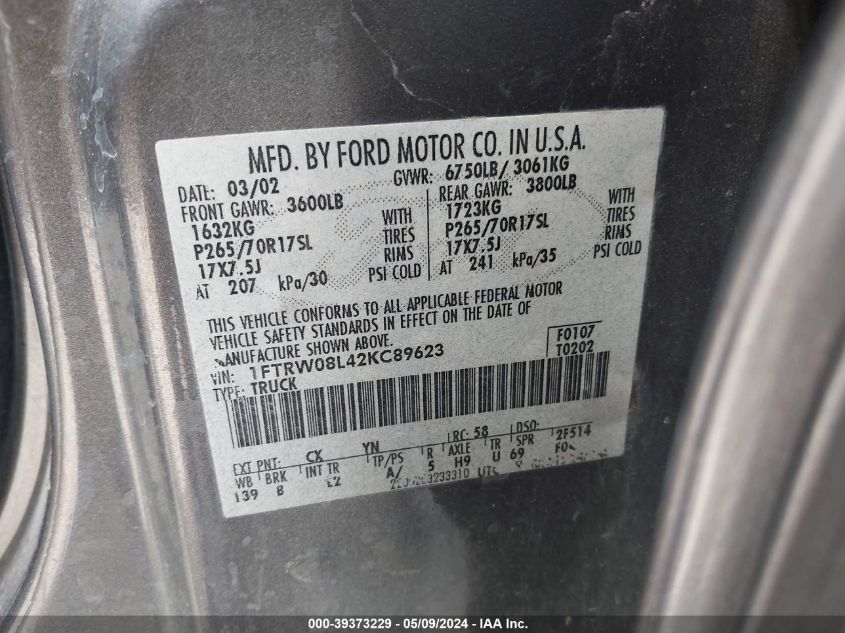 2002 Ford F-150 Lariat/Xlt VIN: 1FTRW08L42KC89623 Lot: 39373229