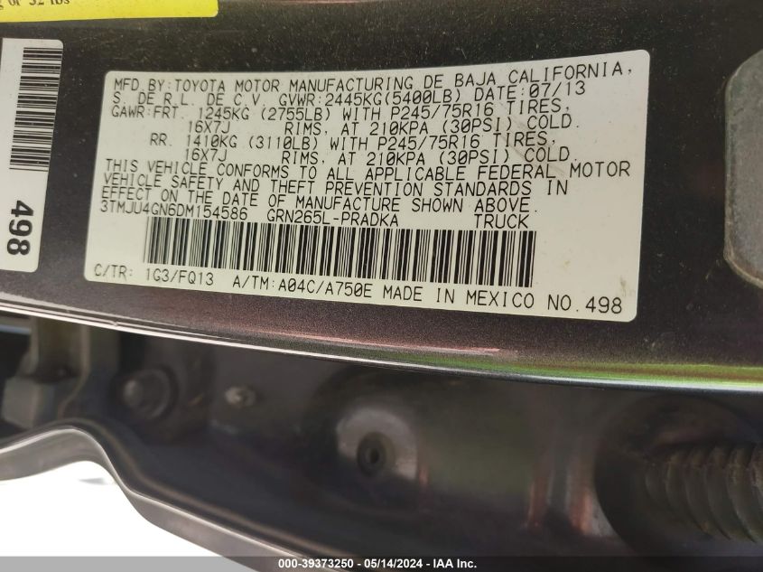 2013 Toyota Tacoma Prerunner V6 VIN: 3TMJU4GN6DM154586 Lot: 39373250