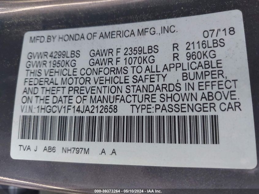 2018 Honda Accord Lx VIN: 1HGCV1F14JA212658 Lot: 39373264