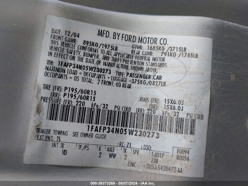 1FASE34N05W230273 2004 Ford Focus