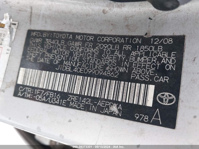 2009 Toyota Corolla Le VIN: JTDBL40E099094862 Lot: 39373301