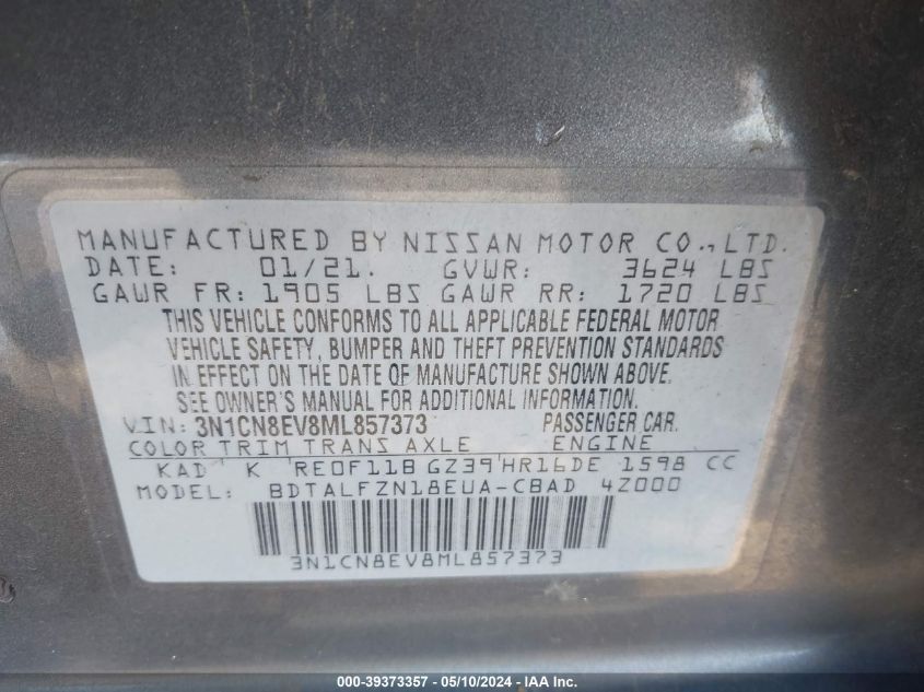 2021 Nissan Versa Sv Xtronic Cvt VIN: 3N1CN8EV8ML857373 Lot: 39373357