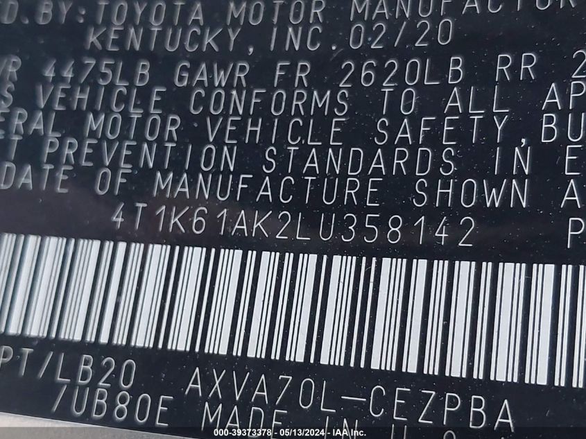 2020 Toyota Camry Xse VIN: 4T1K61AK2LU358142 Lot: 39373378