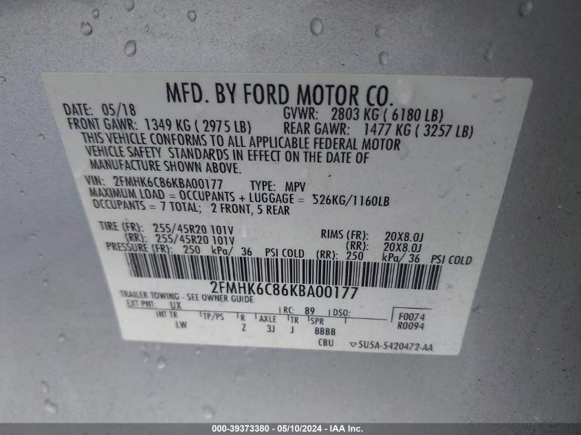 2019 Ford Flex Sel VIN: 2FMHK6C86KBA00177 Lot: 39373380