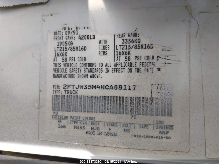 1992 Ford F350 VIN: 2FTJW35M4NCA08117 Lot: 39373390