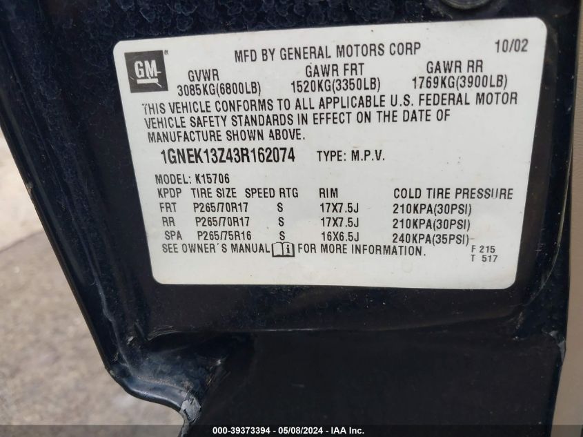 2003 Chevrolet Tahoe Z71 VIN: 1GNEK13Z43R162074 Lot: 39373394