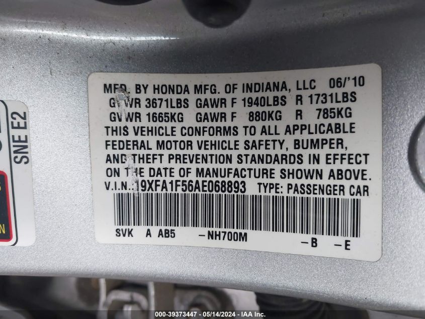 2010 Honda Civic Lx VIN: 19XFA1F56AE068893 Lot: 39373447