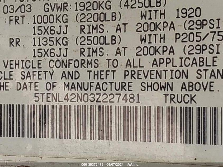 2003 Toyota Tacoma VIN: 5TENL42N03Z227481 Lot: 39373478