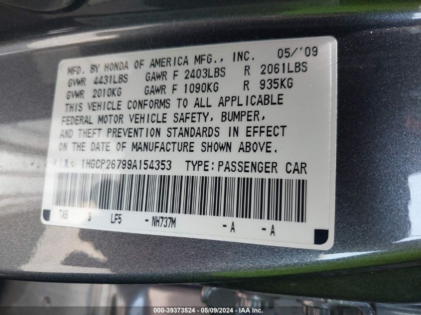 2009 Honda Accord 2.4 Ex VIN: 1HGCP26799A154353 Lot: 39373524