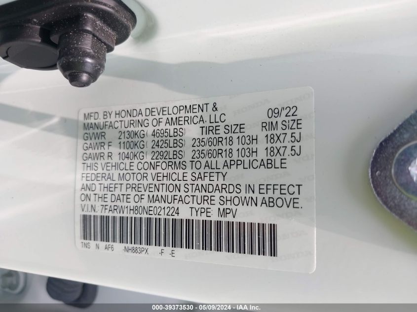 2022 Honda Cr-V 2Wd Ex-L VIN: 7FARW1H80NE021224 Lot: 39373530