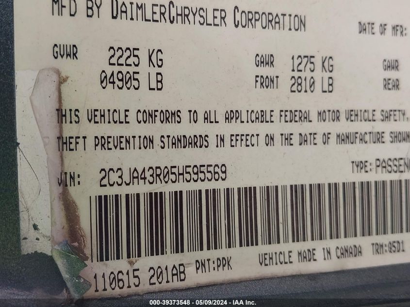 2005 Chrysler 300 VIN: 2C3JA43R05H595569 Lot: 39373548