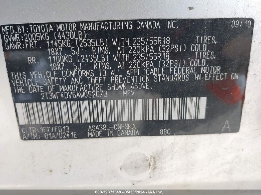 2010 Toyota Rav4 Sport VIN: 2T3WF4DV6AW052073 Lot: 39373549