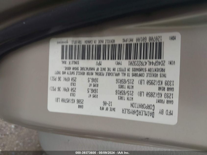 2007 Dodge Grand Caravan Sxt VIN: 2D4GP44L47R223201 Lot: 39373605