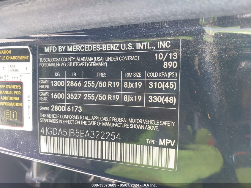 2014 Mercedes-Benz Ml 350 VIN: 4JGDA5JB5EA322254 Lot: 39373609