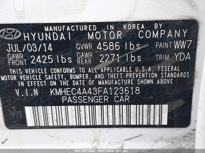 2015 Hyundai Sonata Hybrid Limited VIN: KMHEC4A43FA123618 Lot: 39373622