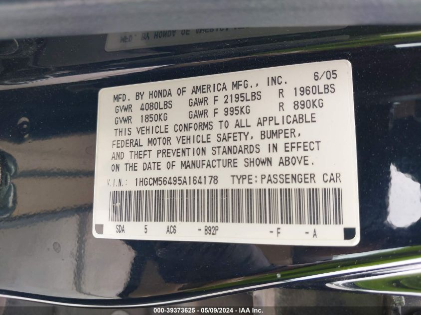 2005 Honda Accord 2.4 Lx VIN: 1HGCM56495A164178 Lot: 39373625
