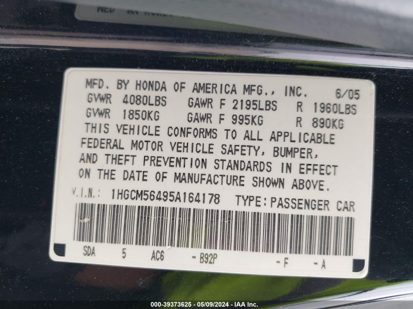 2005 Honda Accord 2.4 Lx VIN: 1HGCM56495A164178 Lot: 39373625