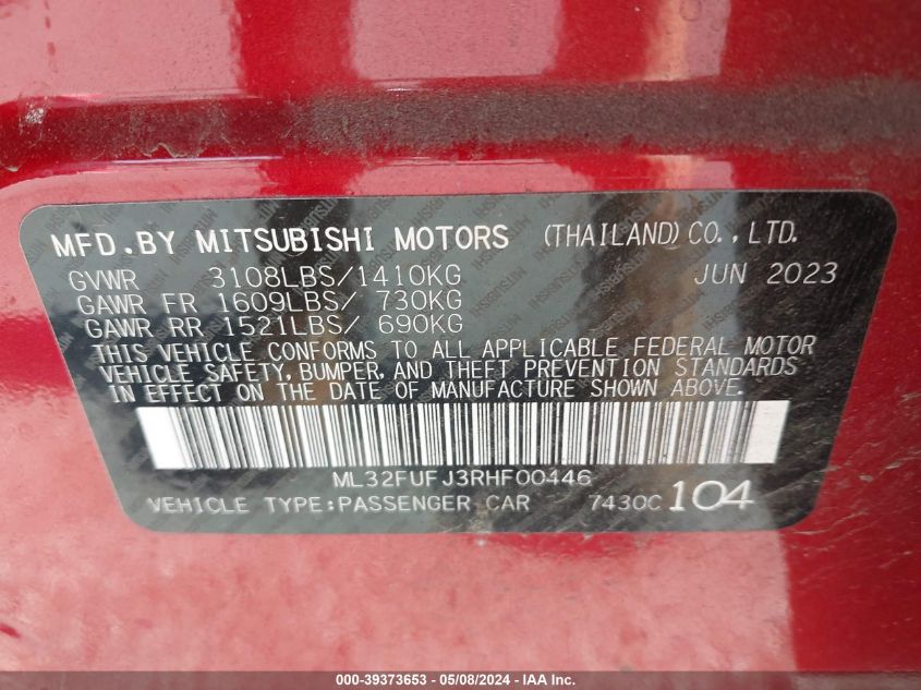 2024 Mitsubishi Mirage G4 Es VIN: ML32FUFJ3RHF00446 Lot: 39373653