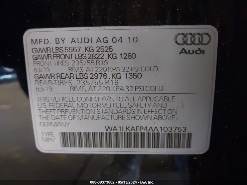 2010 Audi Q5 3.2 Premium VIN: WA1LKAFP4AA103753 Lot: 39373662
