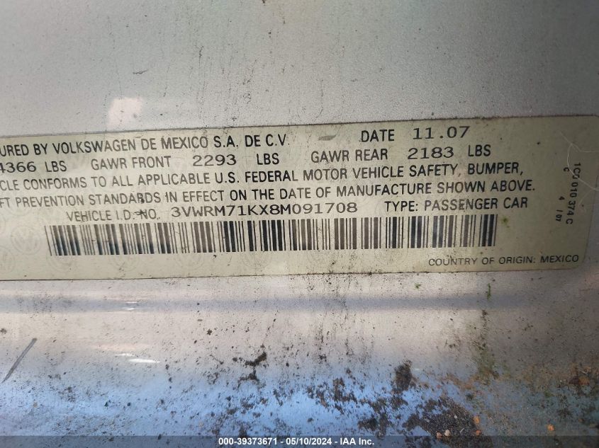 2008 Volkswagen Jetta Se/Sel VIN: 3VWRM71KX8M091708 Lot: 39373671
