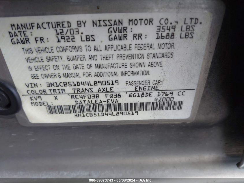 2004 Nissan Sentra 1.8S VIN: 3N1CB51D44L890519 Lot: 39373743