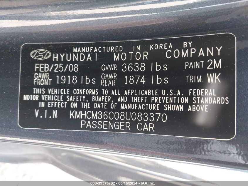 2008 Hyundai Accent Gs VIN: KMHCM36C08U083370 Lot: 39373792