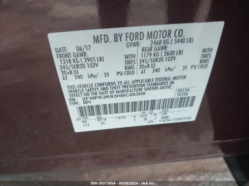 2017 Ford Edge Titanium VIN: 2FMPK3K83HBC26309 Lot: 39373804