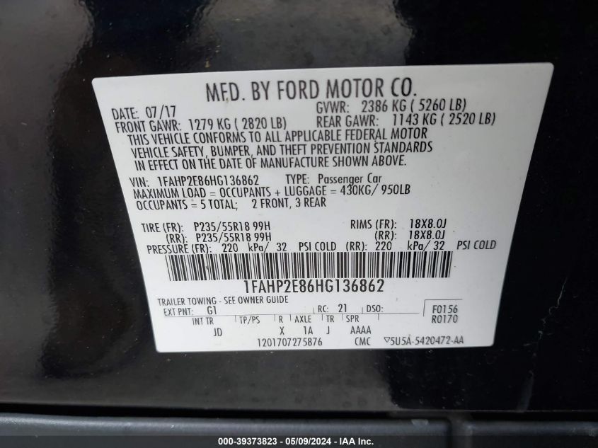 2017 Ford Taurus Sel VIN: 1FAHP2E86HG136862 Lot: 39373823