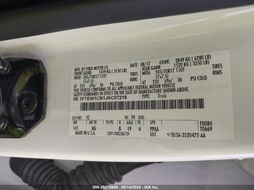 2018 Ford F-150 Xlt VIN: 1FTEW1CB1JKC07218 Lot: 39373849