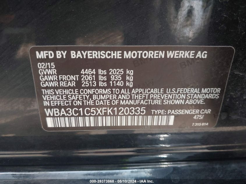 2015 BMW 328I VIN: WBA3C1C5XFK120335 Lot: 39373868