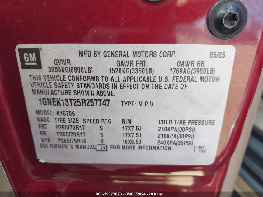 2005 Chevrolet Tahoe Z71 VIN: 1GNEK13T25R257747 Lot: 39373873