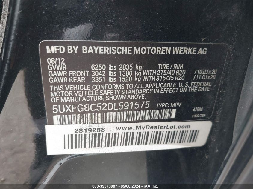 2013 BMW X6 xDrive50I VIN: 5UXFG8C52DL591575 Lot: 39373907