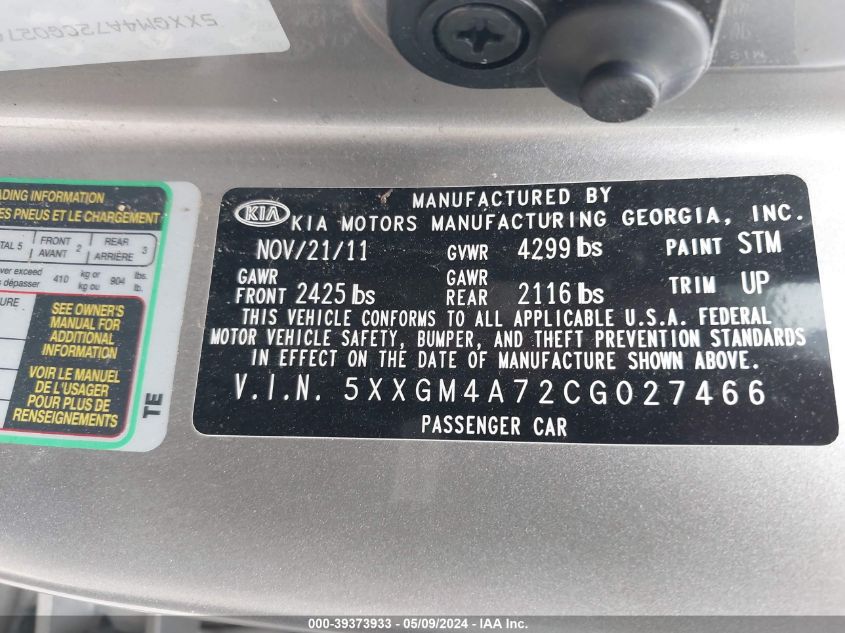 2012 Kia Optima Lx VIN: 5XXGM4A72CG027466 Lot: 39373933