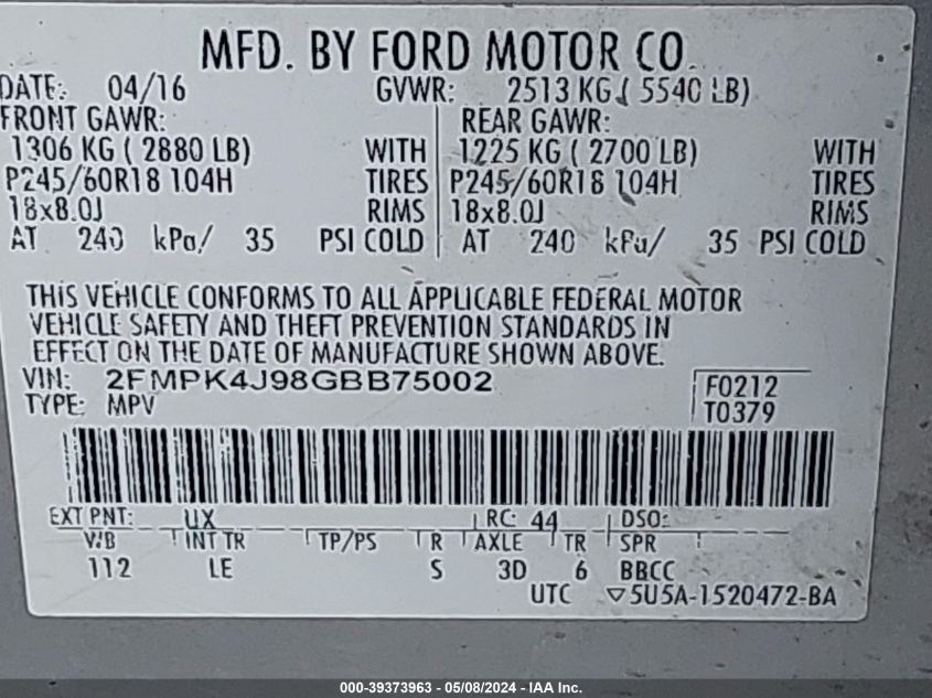 2016 Ford Edge Sel VIN: 2FMPK4J98GBB75002 Lot: 39373963
