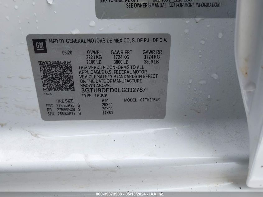 3GTU9DED0LG332787 2020 GMC Sierra 1500 4Wd Short Box Slt