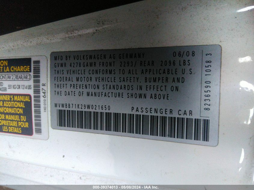 2009 Volkswagen Rabbit S VIN: WVWBB71K29W021650 Lot: 39374013