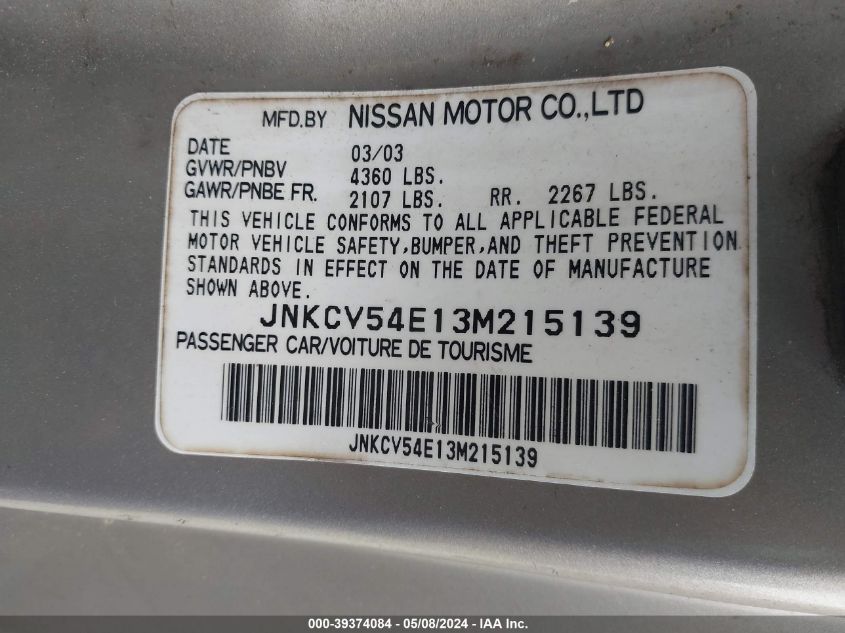 2003 Infiniti G35 VIN: JNKCV54E13M215139 Lot: 39374084