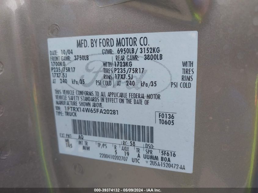 2005 Ford F-150 Stx/Xl/Xlt VIN: 1FTRX14W65FA20281 Lot: 39374132