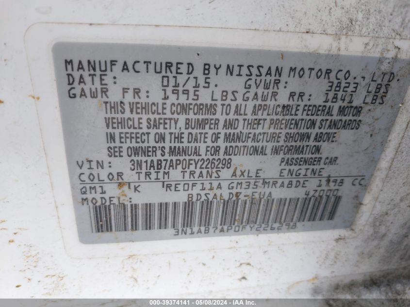 2015 Nissan Sentra Fe+ S/S/Sl/Sr/Sv VIN: 3N1AB7AP0FY226298 Lot: 39374141