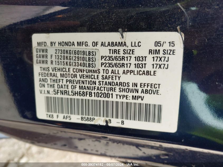 2015 Honda Odyssey Ex-L VIN: 5FNRL5H68FB102001 Lot: 39374182