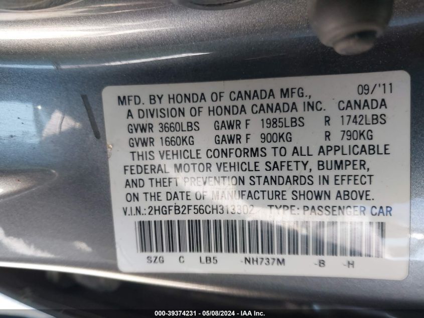 2012 Honda Civic Lx VIN: 2HGFB2F56CH313302 Lot: 39374231