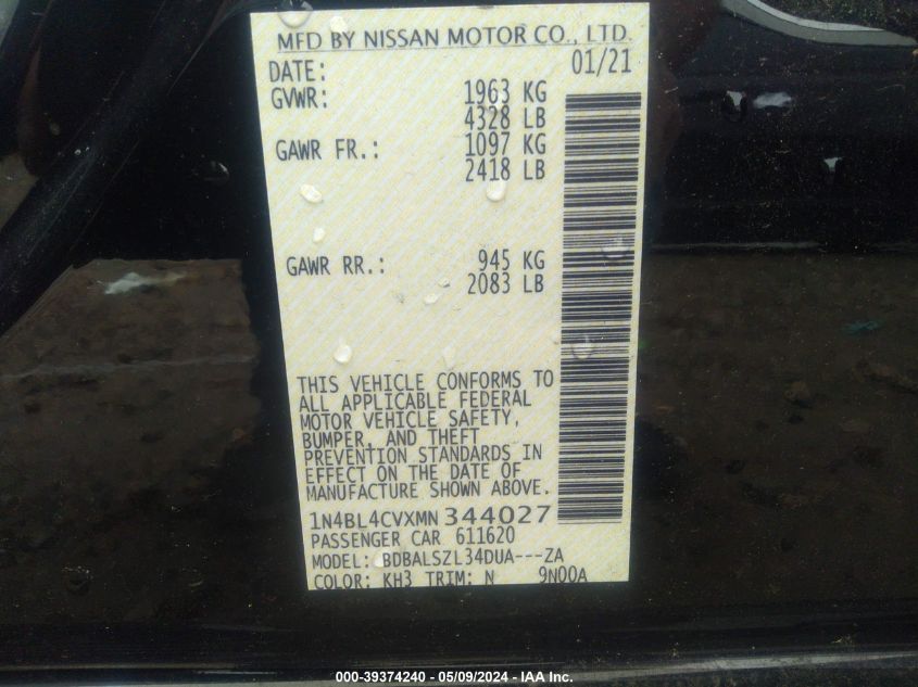 2021 Nissan Altima Sr Fwd VIN: 1N4BL4CVXMN344027 Lot: 39374240