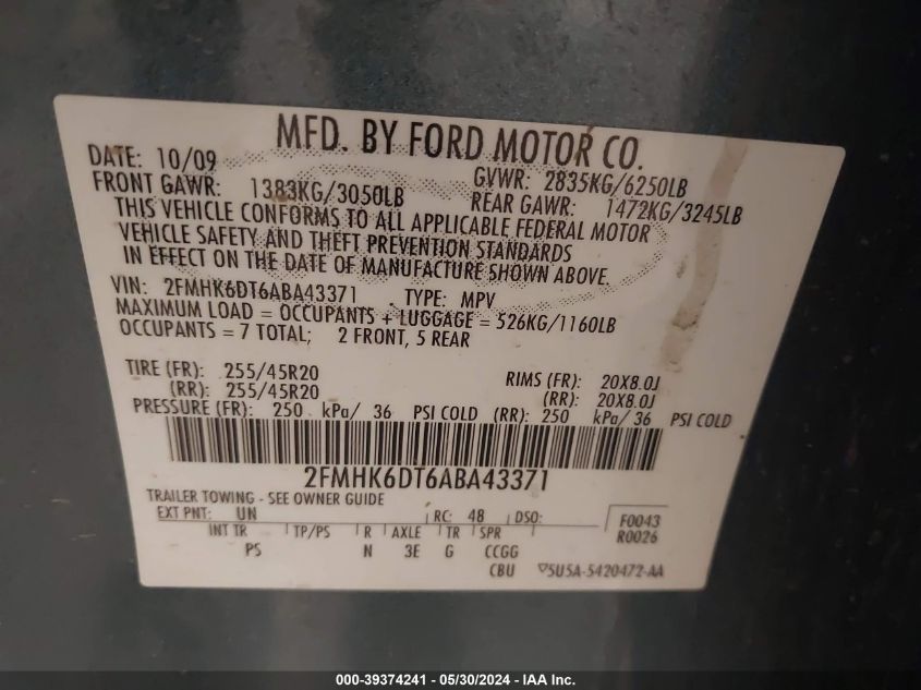 2010 Ford Flex Limited VIN: 2FMHK6DT6ABA43371 Lot: 39374241