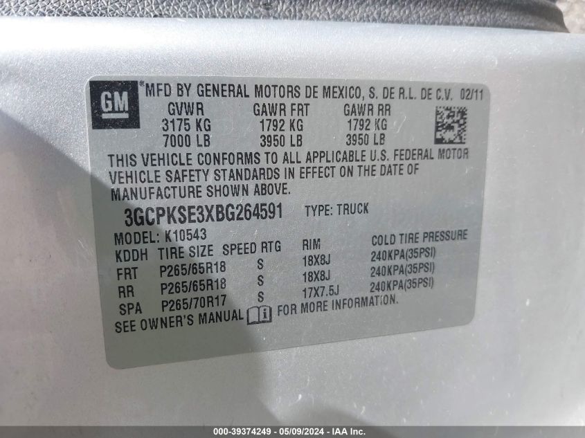 2011 Chevrolet Silverado 1500 Lt VIN: 3GCPKSE3XBG264591 Lot: 39374249